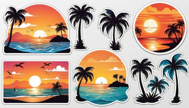 palm beach at sunset illustrated stickers. Generative ai