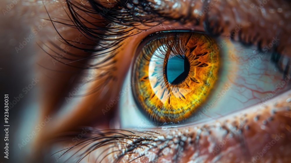 Poster close-up view of an amber-colored eye with intricate details and lashes against a soft background