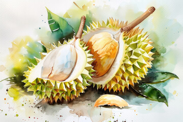 Obraz premium watercolor durian beautiful fruit ,white background