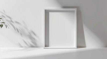 An empty frame sits quietly on a sunlit surface, surrounded by soft shadows and minimalist decor, inviting creativity and contemplation