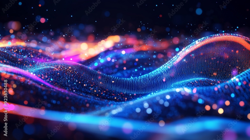 Poster colorful abstract light waves create a mesmerizing digital background with vibrant glowing particles