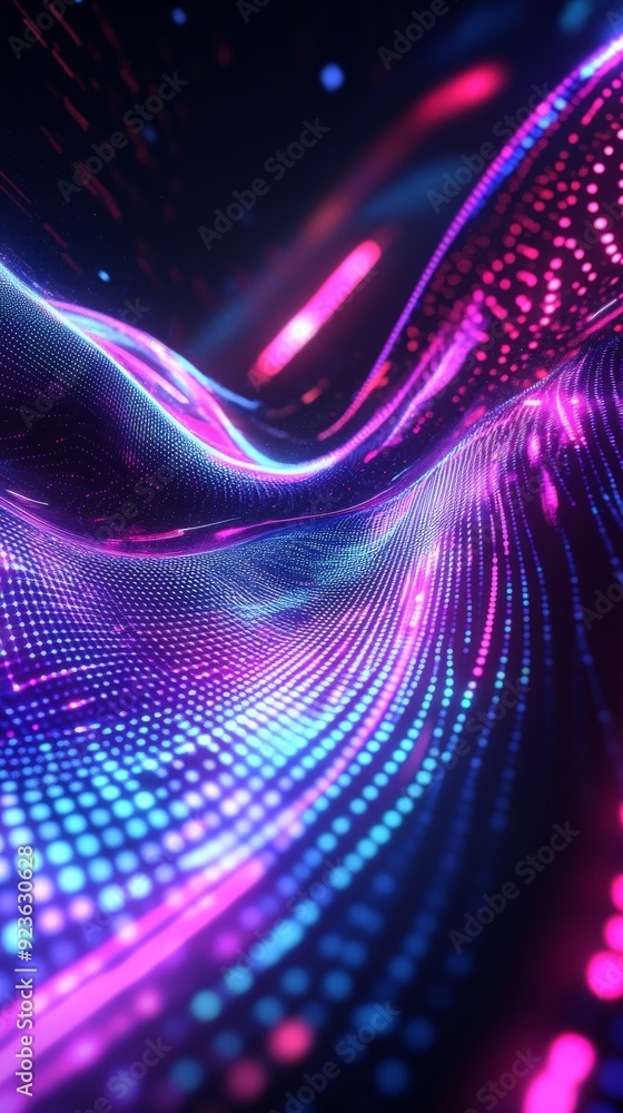 Poster colorful digital wave with neon lights and pixel dots creating a modern, futuristic pattern. perfect