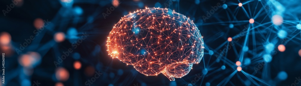 Poster digital representation of a human brain with neural network connections, illustrating artificial int