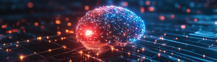 Obraz premium Digital rendering of a futuristic brain simulation with glowing neural networks and connections, symbolizing artificial intelligence and technology.