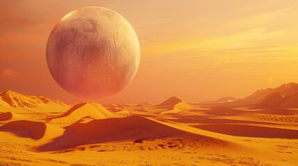 surreal desert landscape with golden sand dunes stretching into the horizon