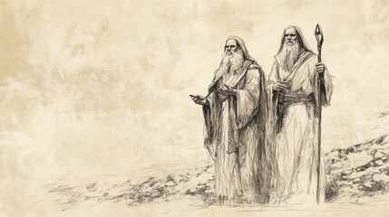 Naklejka premium Exodus:The Plagues Intensify,Firm Moses and Aaron Stand Amidst Chaos to Deliver God's Message - Biblical Illustration, Bible Wall Art, Beige Background - Plagues of Exodus