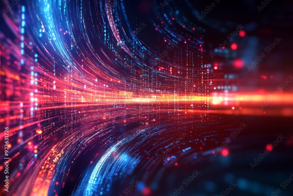 Poster dynamic abstract digital data flow with vibrant colors and high-speed motion blur, representing futu