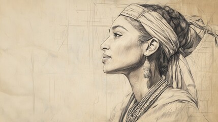 Obraz premium Exodus:Offerings for the Sanctuary,Offerings for Sanctuary: Israelite Woman Presents Crafted Jewelry with Dedication and Joy - Biblical Illustration, Bible Wall Art, Beige Background