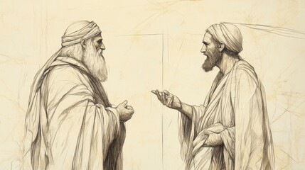 Fototapeta premium Exodus:Laws About Property,Moses Mediates Property Dispute Between Two Israelites, Ensuring Fair Resolution - Biblical Illustration, Bible Wall Art, Beige Background - Laws About Property