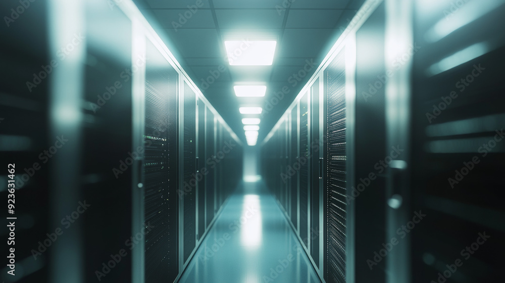 Poster blurred background of a corridor in a large server room or data center with rack servers and superco