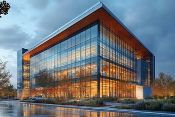 Modern Office Building with Glass Facade and Autumnal Surroundings