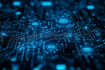Obraz premium Futuristic blue digital circuit board with glowing connections depicting advanced technology and innovation in electronic systems.