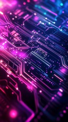Fototapeta premium Futuristic circuit board close-up with glowing neon lights, representing advanced technology and innovation in digital electronics.
