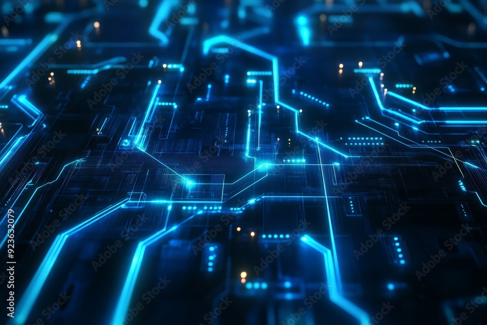 Poster futuristic circuit board with glowing blue lines representing high-tech digital technology and moder
