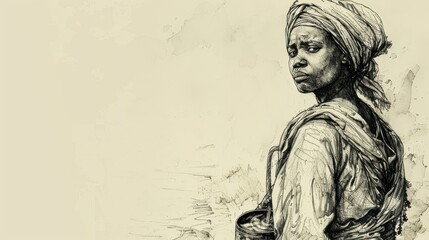 Exodus:The Israelites Oppressed,Bible Wall Art of Israelite Woman at Well, Worried Expression, Biblical Illustration, Beige Background