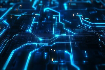 Obraz premium Futuristic circuit board with glowing blue lines representing high-tech digital technology and modern electronic communication.