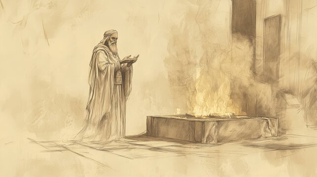 Exodus:The Altar of Burnt Offering,The Altar of Burnt Offering: Moses Anoints and Sanctifies Altar for Holy Use - Biblical Illustration, Bible Wall Art, Beige Background