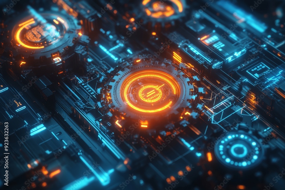 Poster futuristic circuit board with glowing interfaces and advanced technology, showcasing high-tech and i