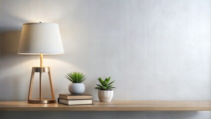 Lamp, books and succulent plant on the shelf against empty wall mockup on white background