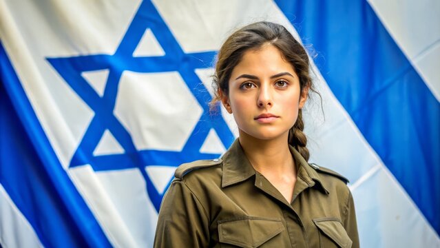 A female Israeli Defense Forces soldier stands proudly in uniform, with a determined expression, in front of the Israeli flag.