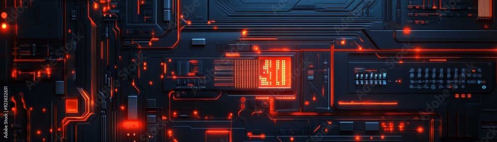 Poster futuristic circuit board with glowing red lights, representing advanced technology and innovation in