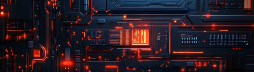 Obraz premium Futuristic circuit board with glowing red lights, representing advanced technology and innovation in electronics and computing.