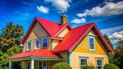 A freshly painted exterior of a charming house showcases a brightly colored roof, accentuated by a subtle shadow, against a serene blue sky backdrop.