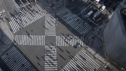 People crossing busy intersection in Ginza, a popular upscale shopping area in central Tokyo, Japan.