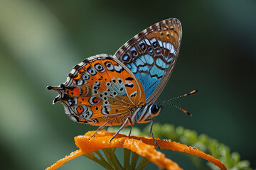 Obraz premium Delicate blue butterfly perched on a vibrant orange slice, showcasing nature's contrast and beauty. 
