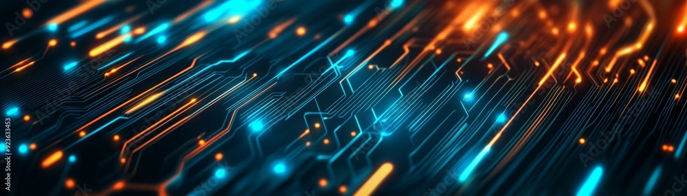 Poster futuristic digital circuit board hologram with glowing lines and dots depicting advanced technology,