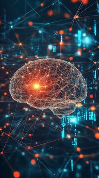 Futuristic digital brain with neural connections and data communication, representing artificial intelligence and advanced technology.