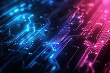 Fototapeta premium Futuristic digital circuit board with glowing blue and pink lights, representing advanced technology and high-speed data transfer.