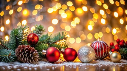 Holiday decorations in front of a blurred Christmas lights background , Christmas, holiday, decoration, bokeh, lights, festive