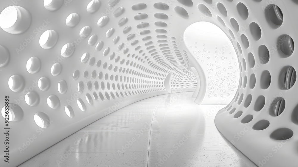 Poster modern architectural corridor with circular patterns and bright lighting in a minimalist design
