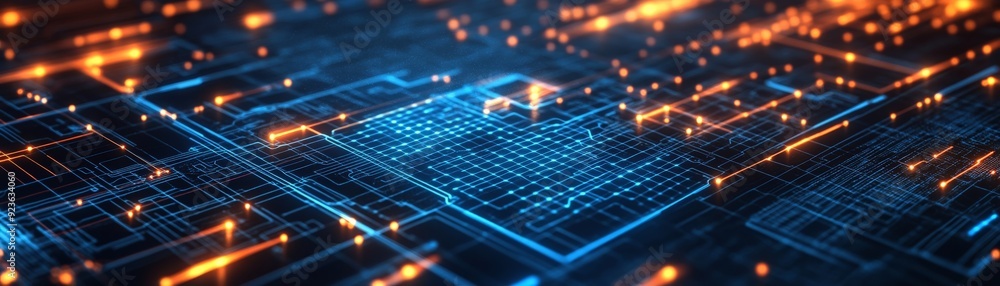 Poster futuristic digital circuit board with glowing lines and nodes representing advanced technology and d