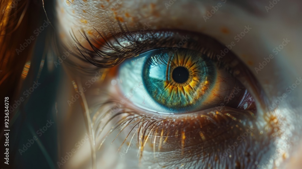 Poster close-up of a mesmerizing eye with vibrant colors and intricate details in soft lighting