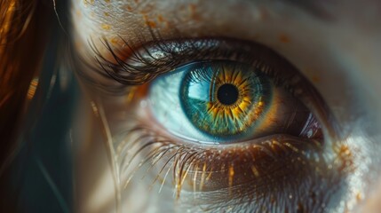 Close-up of a mesmerizing eye with vibrant colors and intricate details in soft lighting