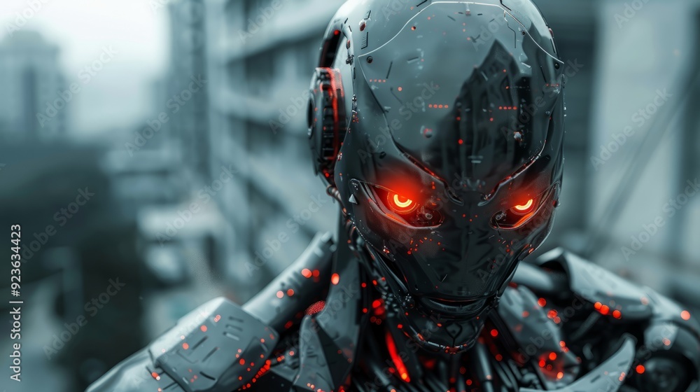 Poster Futuristic robot with glowing eyes stands in an urban setting during cloudy weather