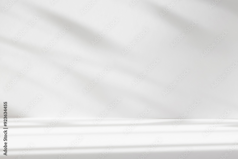 Poster Abstract white color studio background for product presentation. Empty room with shadows of window and flowers and plant leaves . 3d room with copy space. Summer concert. Blurred backdrop.