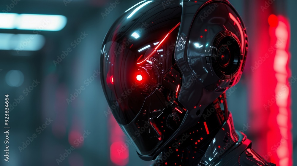 Poster futuristic robot with glowing red eyes in a high-tech environment