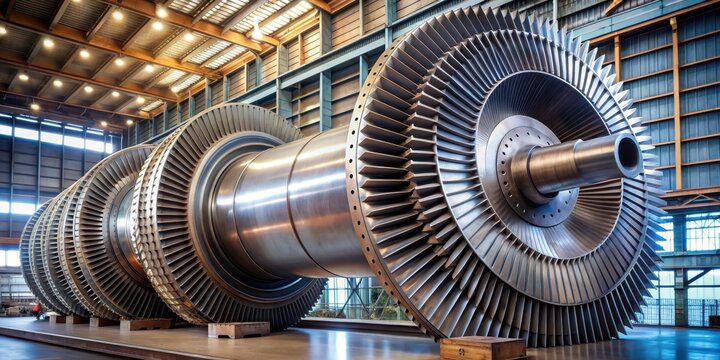 A powerful steam turbine rotor installed in lodgment of turbine base, power, energy, industry, machinery