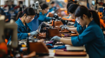 Workers diligently sew leather products in a vibrant, busy workshop environment
