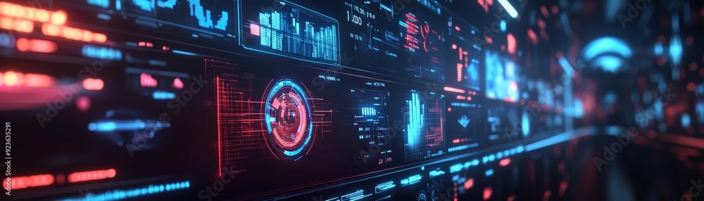 Poster futuristic digital interface displaying data and holograms in vibrant colors, ideal for technology o