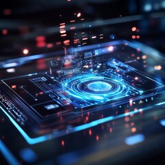 Obraz premium Futuristic digital interface in vibrant blue tones, showcasing advanced technology and innovation in a modern tech environment.