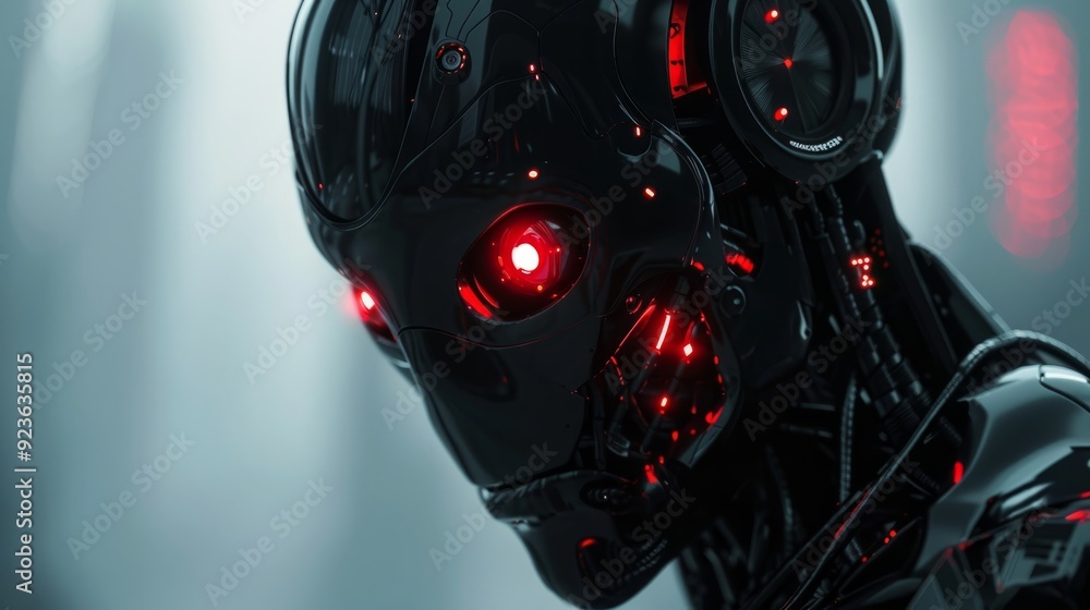 Poster close-up of a futuristic robot with glowing red eyes in a high-tech environment