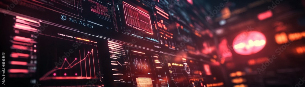 Poster futuristic digital interface with data analytics, charts, and glowing red elements, representing tec
