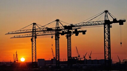 Silhouette of cranes in the construction site at sunset.