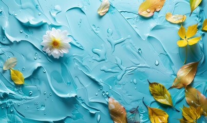 Water background. Blue aqua texture, surface of ripples, transparent, flower, shadows and yellow leaves. Spa and cosmetic concept background. Flat lay, top view, copy space, banner