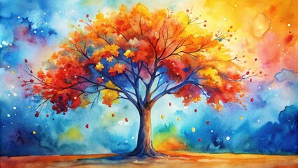 Watercolor painting of vibrant tree with blue, orange, and red leaves against colorful background, watercolor, painting, tree, vibrant