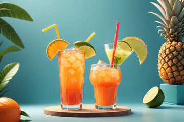 Refreshing Tropical Cocktails Displayed on a Wooden Tray With Vibrant Background